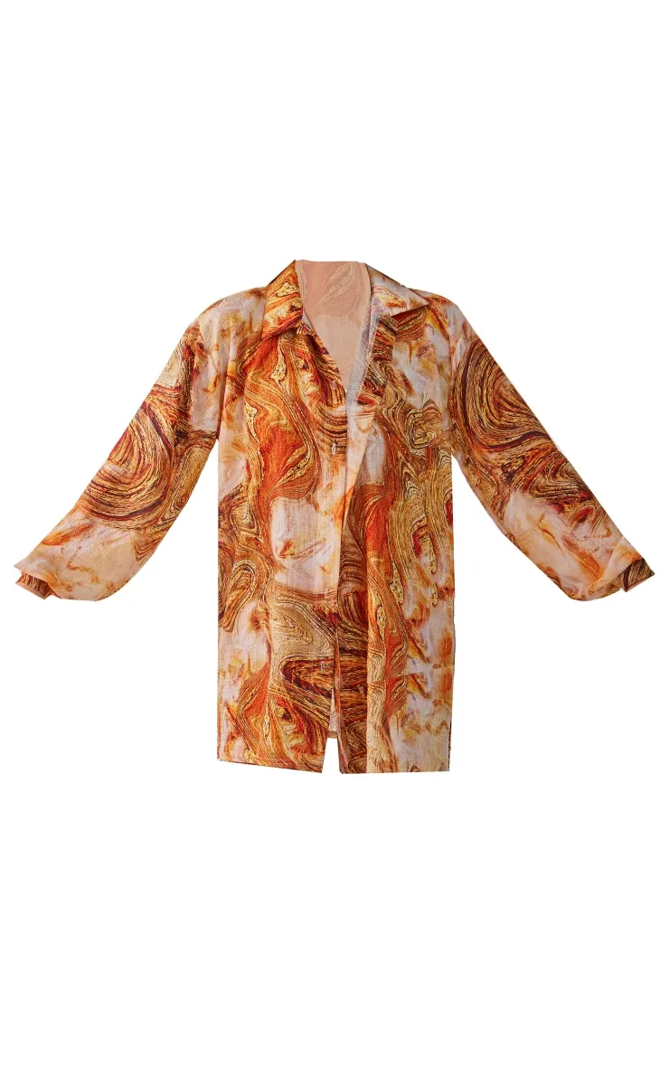 Chemise de plage oversize crêpée texturée orange imprimé marbre