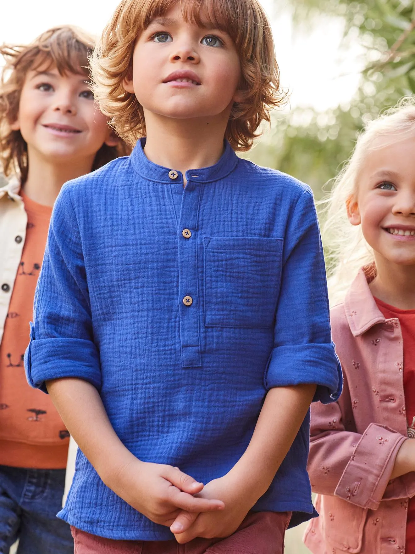 Chemise en gaze de coton personnalisable garçon manches retroussables écru - Vertbaudet