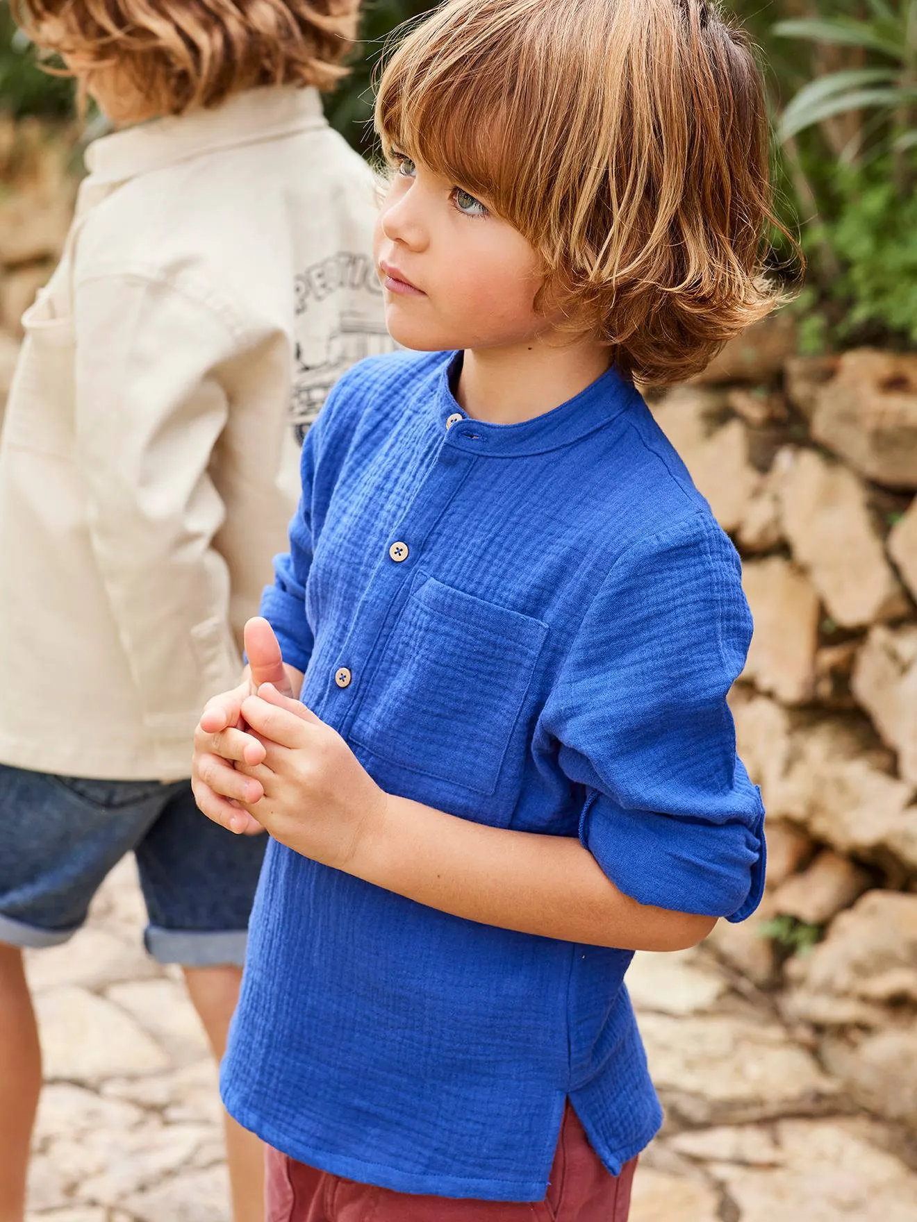 Chemise en gaze de coton personnalisable garçon manches retroussables écru - Vertbaudet