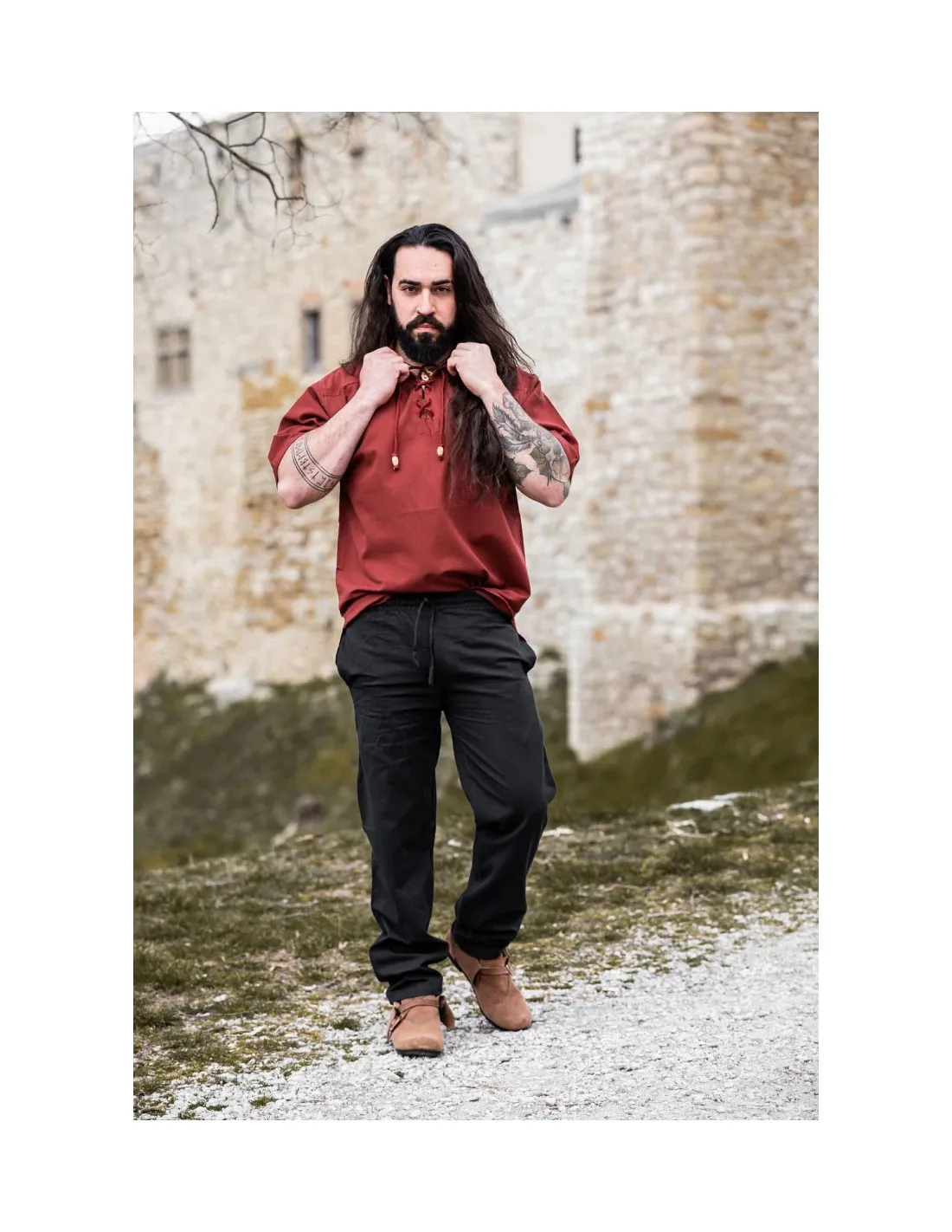 Chemise médiévale à manches courtes avec liens, rouge ⚔️ Boutique Épées