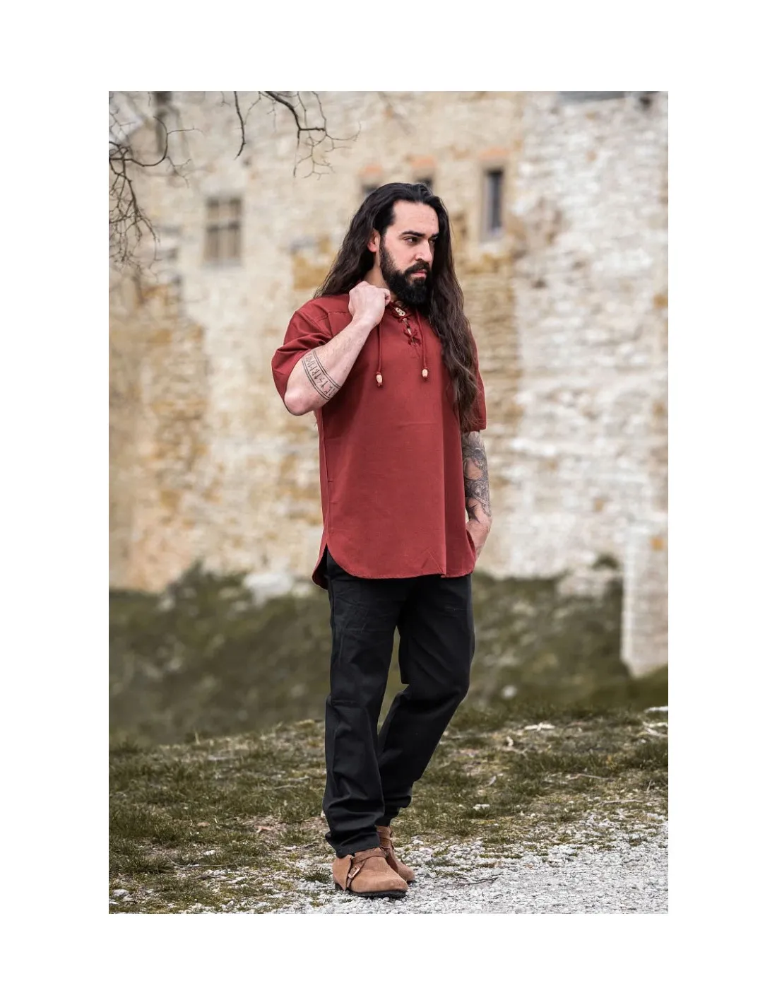 Chemise médiévale à manches courtes avec liens, rouge ⚔️ Boutique Épées