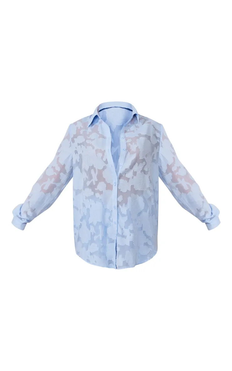 Chemise oversize bleu clair transparente fleurie texturée à manches longues