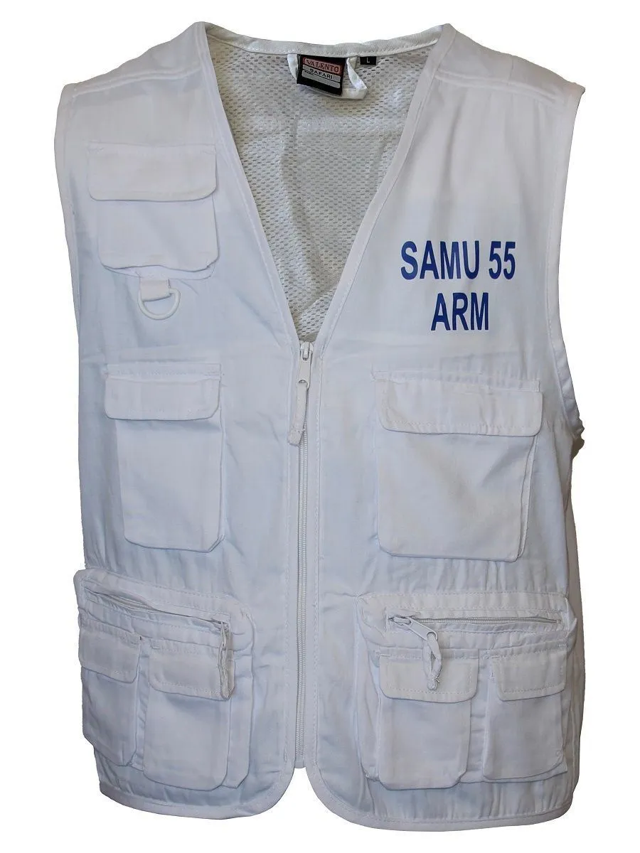 Gilet blanc multipoches sans manches - marquage personnalisé votre texte (SAMU, ARM, MEDECIN, INFIRMIER, etc) 