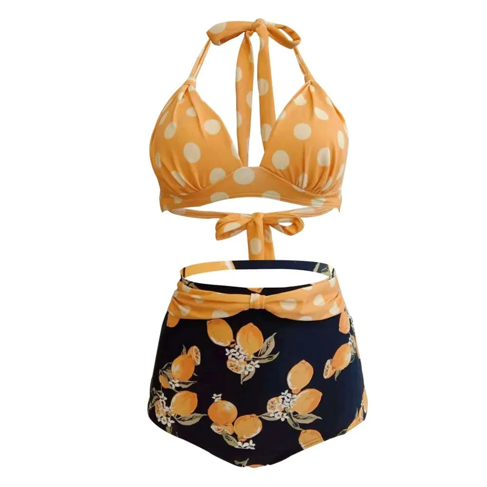 Maillot De Bain Vintage  Taille Haute Pois Citron