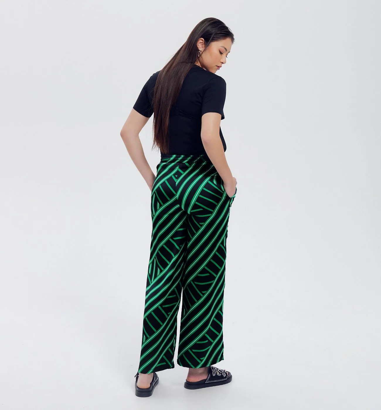 Pantalon en satin imprimé - Rayé Noir