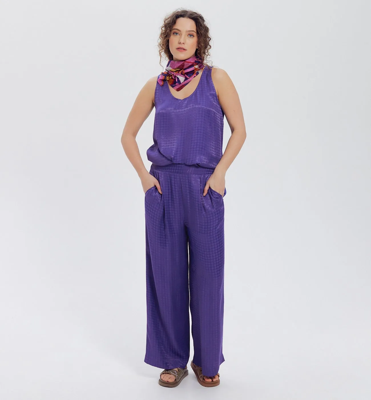 Pantalon large en satin Femme - Bleu