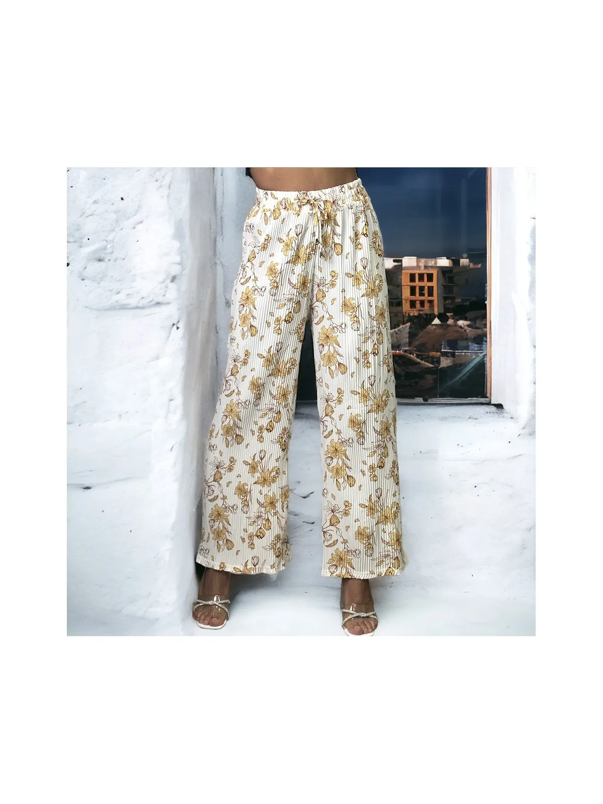 Pantalon palazzo plissé blanc motif fleurs  