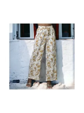 Pantalon palazzo plissé blanc motif fleurs  