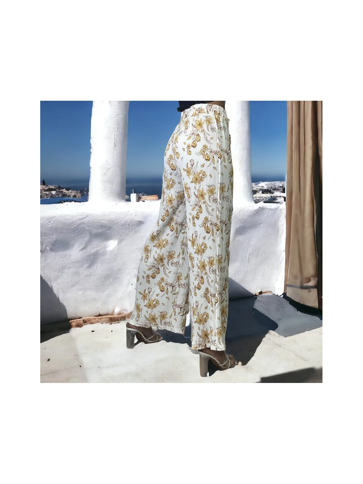 Pantalon palazzo plissé blanc motif fleurs  