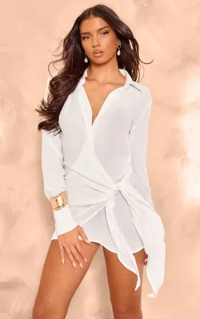 Robe chemise cache-coeur texturée blanche à décolleté